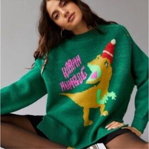BDG green knit dinosaur festive oversized long sleeve sweater size large